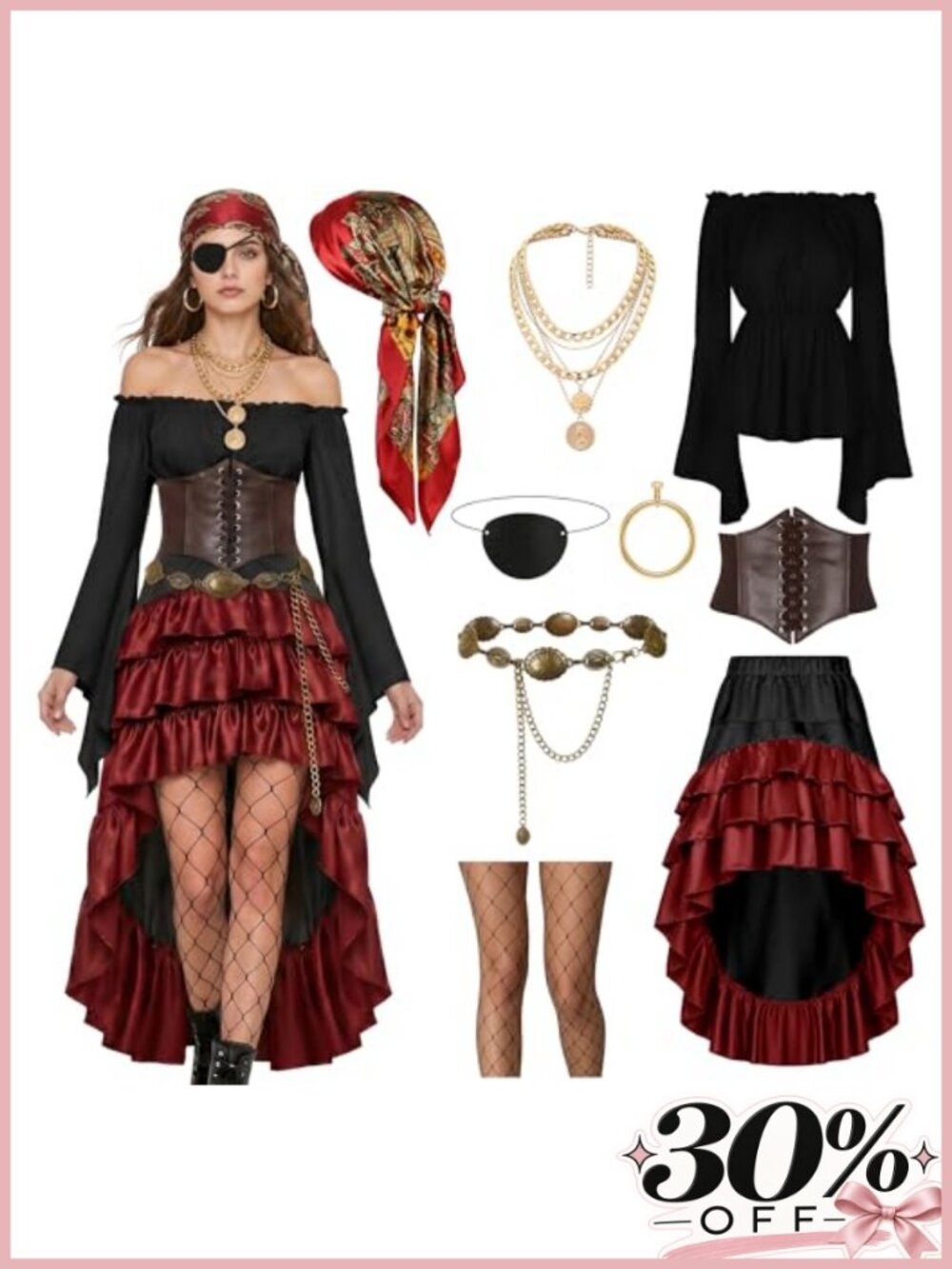 Pirate Costume Set Renaissance Medieval Tops Skirts Faux-Leather Belt
